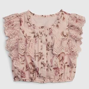 GAP x LoveShackFancy Floral Ruffle Sleeve Pintuck Button Front Blouse Pink XL